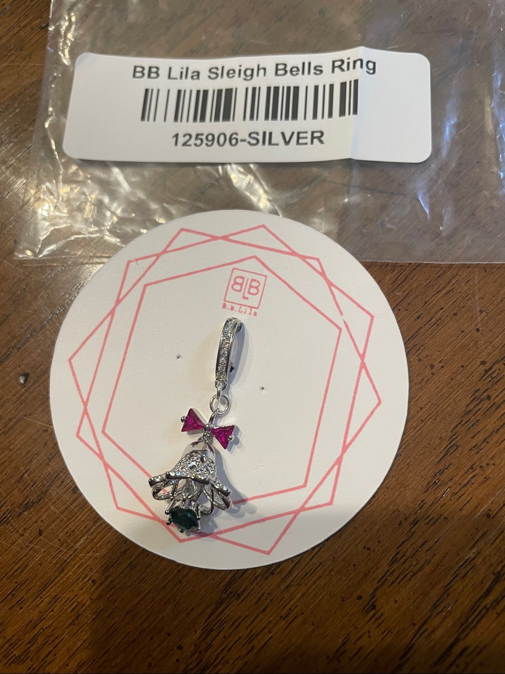 BB Lila new in bag Sleigh Bells Ring Silver Charm with Red and Green Stones